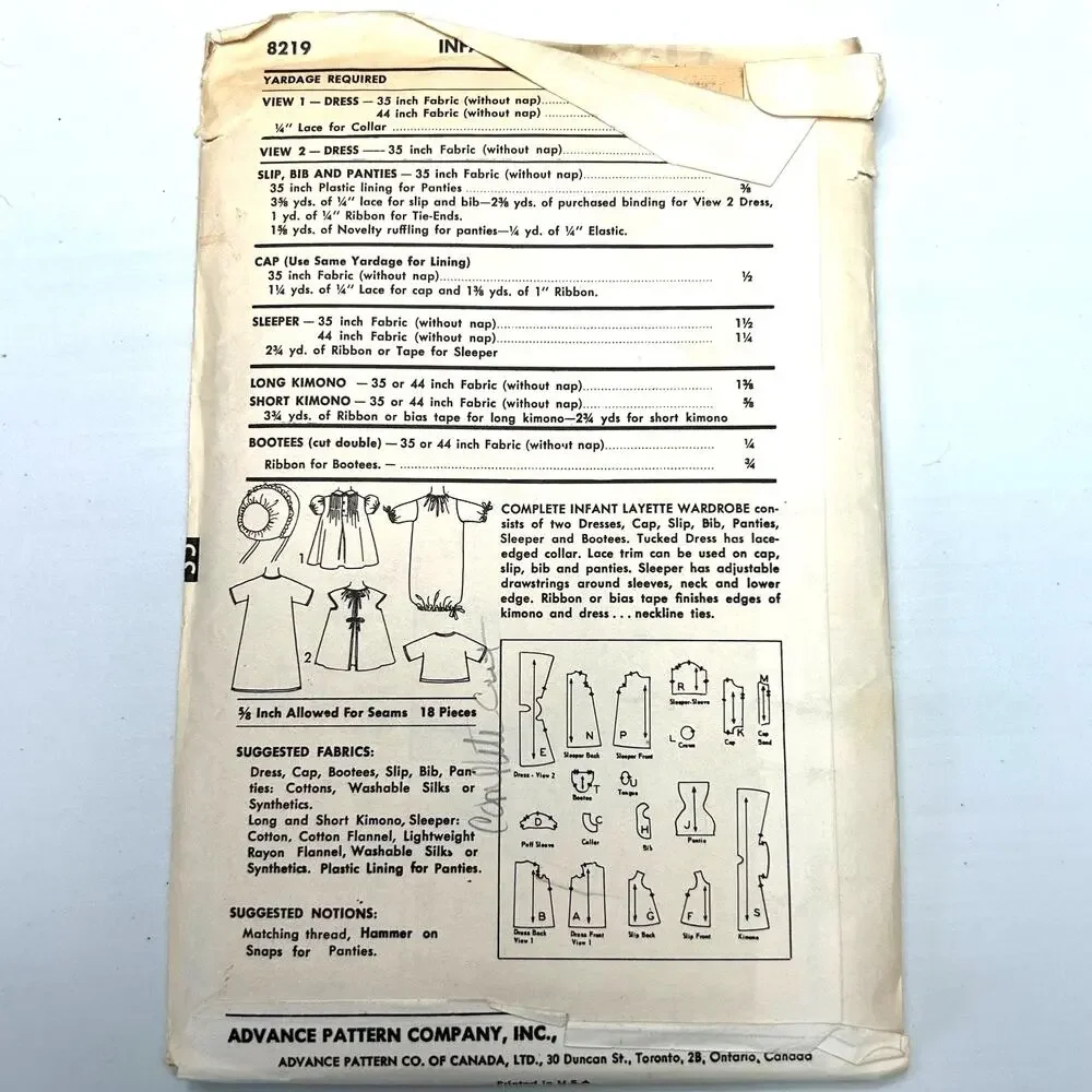 Advance Vintage 1950's Pattern #8219 Infant Layette One‎ Size